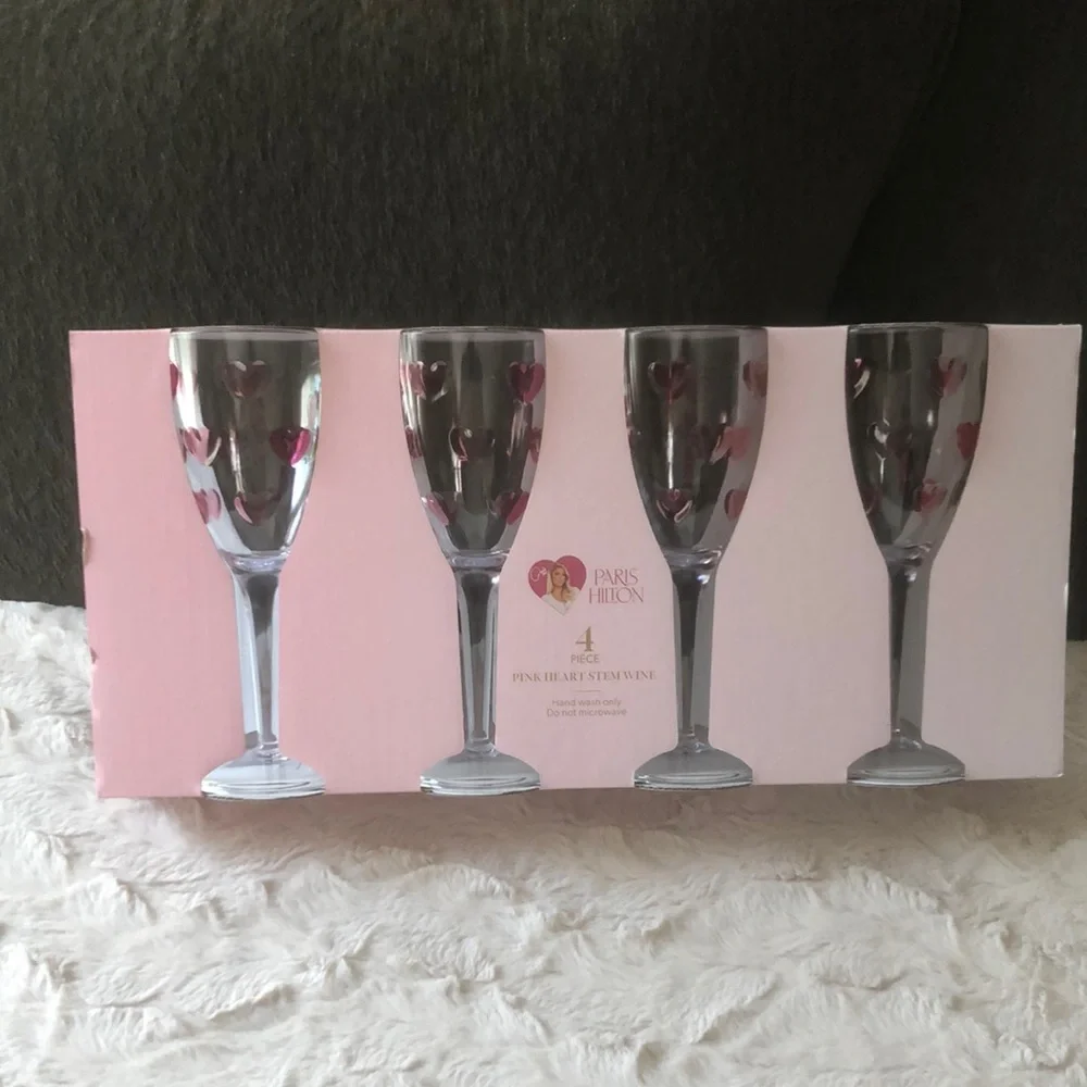 Paris Hilton Clear Acrylic Wine Glasses with Pink Heart Accents - Set of 4